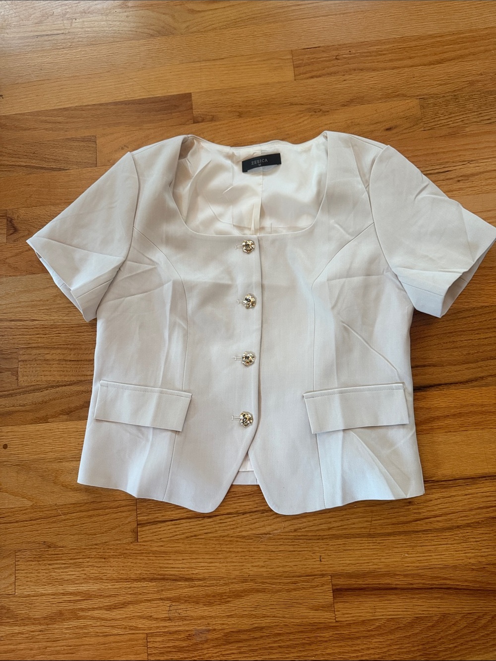 Cream Short-Sleeve Tailored Blazer with Gold Buttons